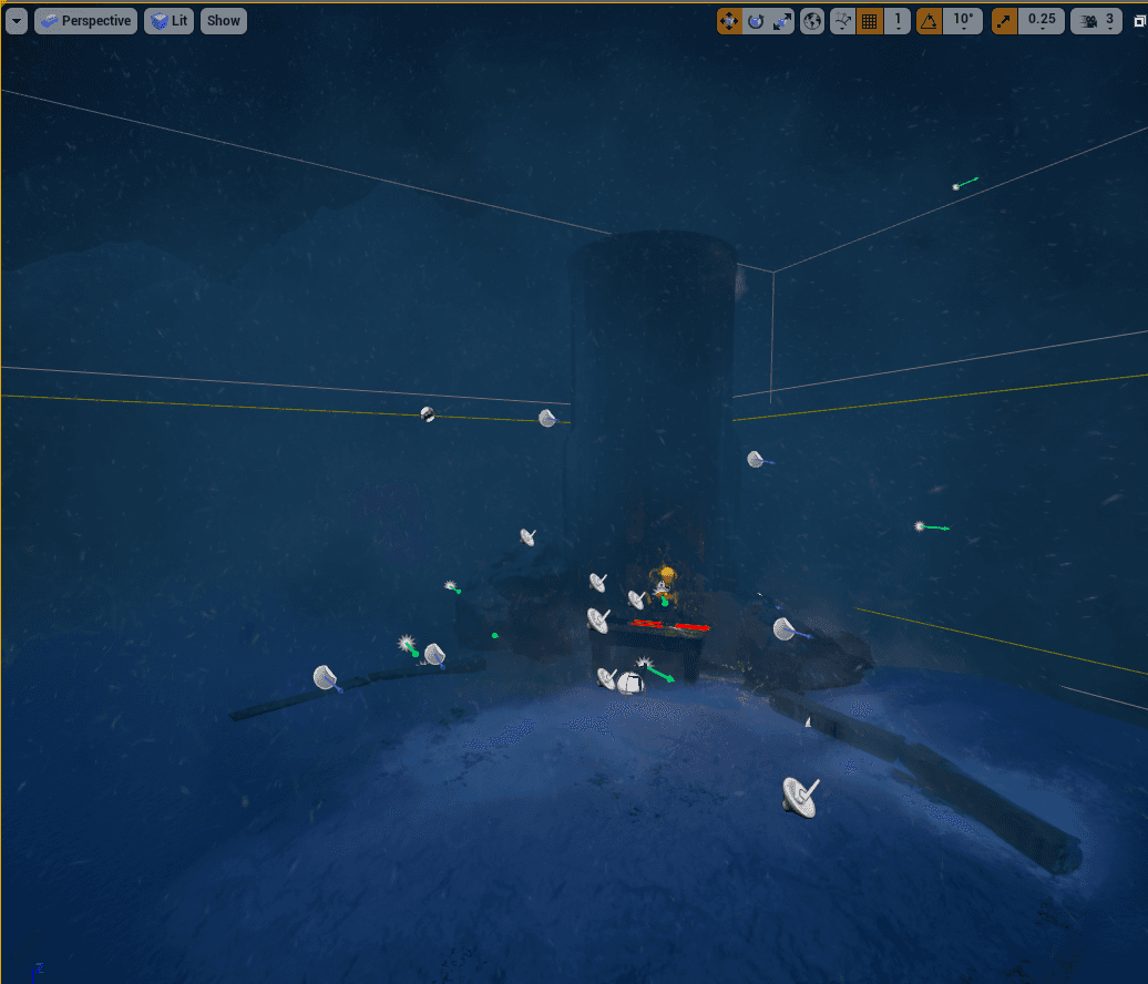 View of the play area and the various spawners, objects, and environment effects.