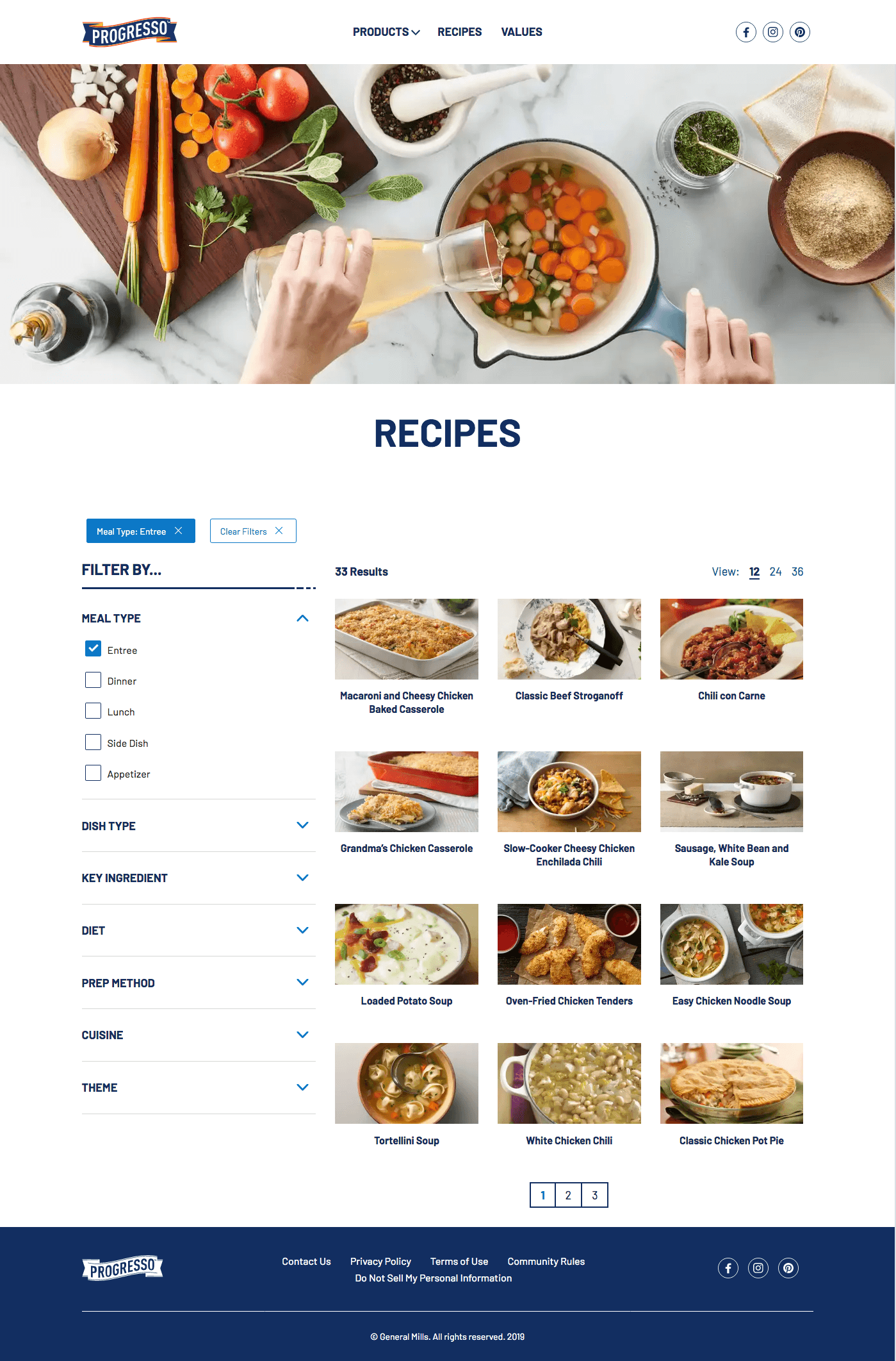 Progresso recipes listing page, showcases advanced filtering