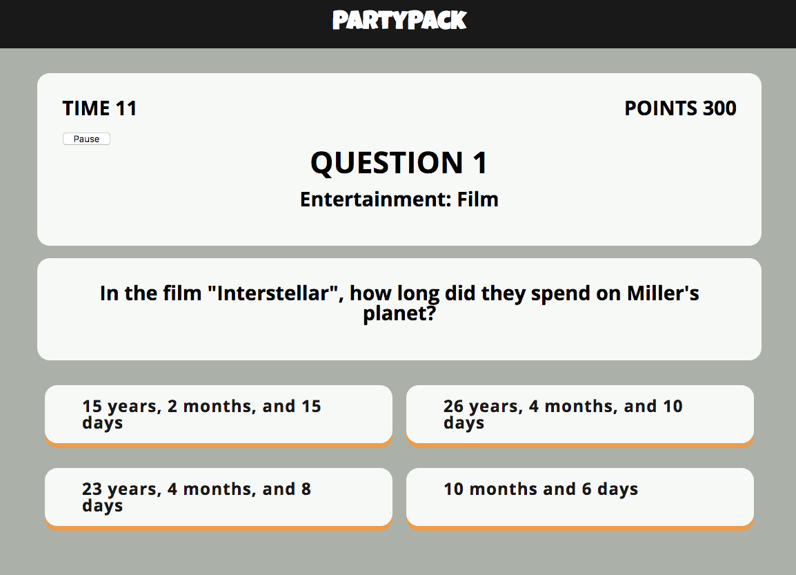 Host page of Party Pack - Question of Trivia Blast